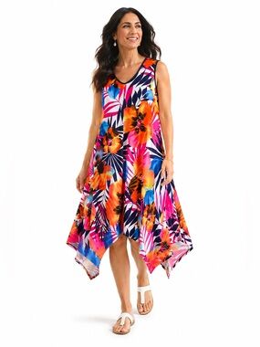 Tropical Floral Handkerchief Hem Dress M Stretch Resort